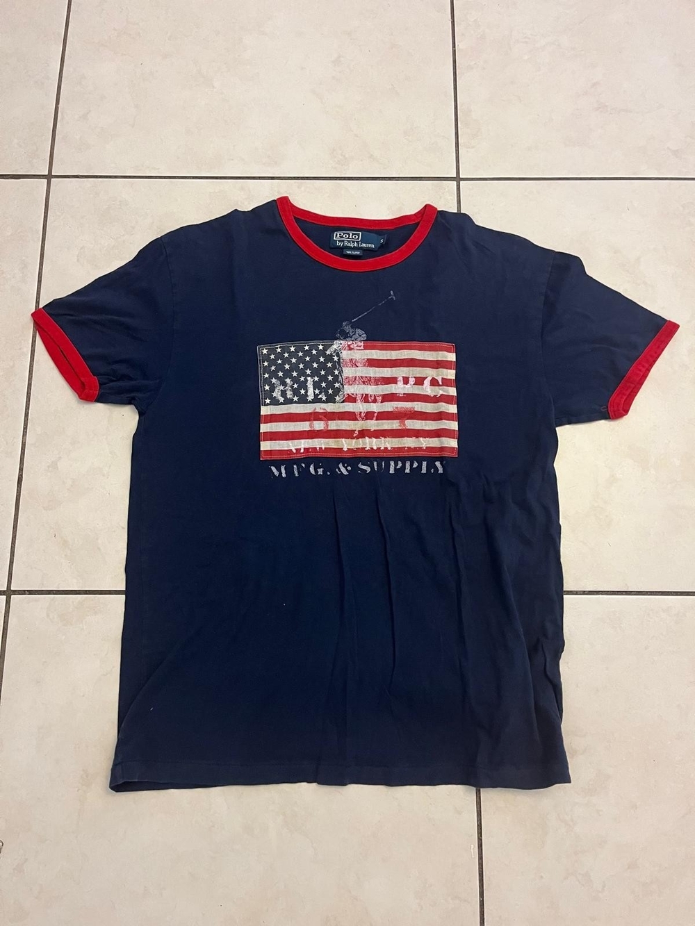Polo By Ralph Lauren Navy Tee with Red Trim and American Flag Graphic